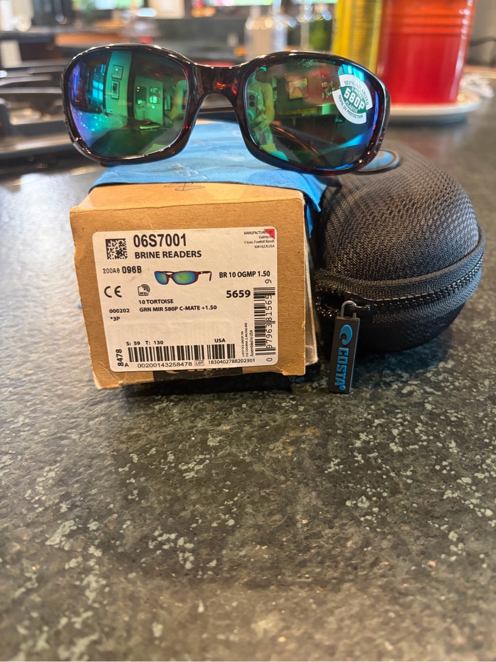 BRAND NEW IN BOX Costa Brine READERS tortoise/green mirror